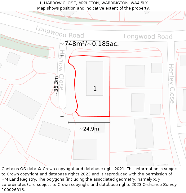 1, HARROW CLOSE, APPLETON, WARRINGTON, WA4 5LX: Plot and title map