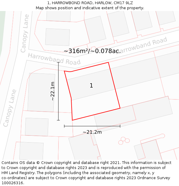 1, HARROWBOND ROAD, HARLOW, CM17 9LZ: Plot and title map