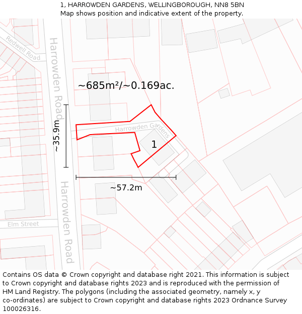 1, HARROWDEN GARDENS, WELLINGBOROUGH, NN8 5BN: Plot and title map