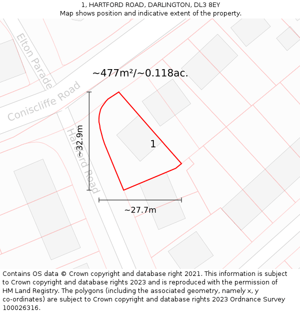 1, HARTFORD ROAD, DARLINGTON, DL3 8EY: Plot and title map