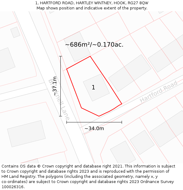 1, HARTFORD ROAD, HARTLEY WINTNEY, HOOK, RG27 8QW: Plot and title map