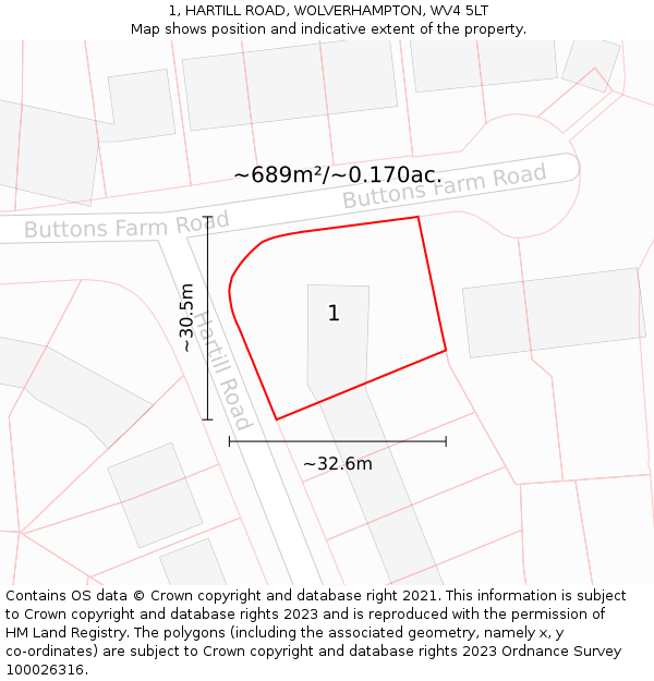 1, HARTILL ROAD, WOLVERHAMPTON, WV4 5LT: Plot and title map