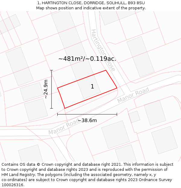1, HARTINGTON CLOSE, DORRIDGE, SOLIHULL, B93 8SU: Plot and title map
