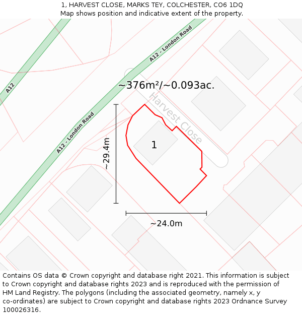 1, HARVEST CLOSE, MARKS TEY, COLCHESTER, CO6 1DQ: Plot and title map