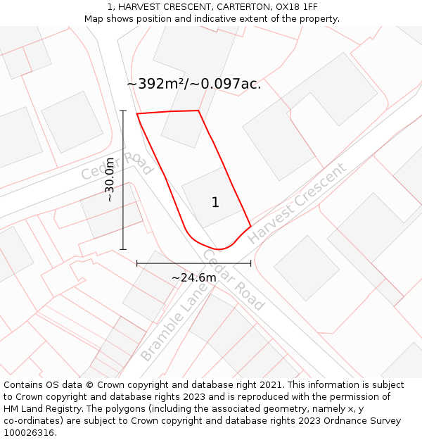 1, HARVEST CRESCENT, CARTERTON, OX18 1FF: Plot and title map