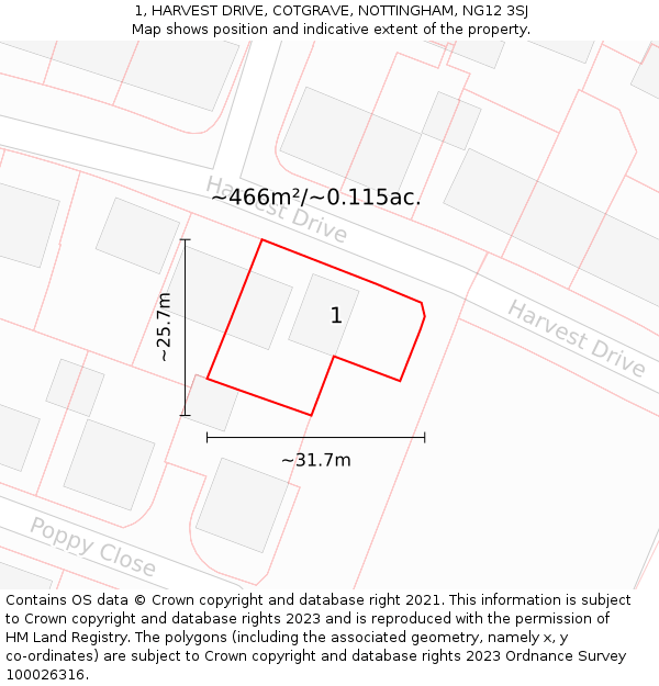 1, HARVEST DRIVE, COTGRAVE, NOTTINGHAM, NG12 3SJ: Plot and title map