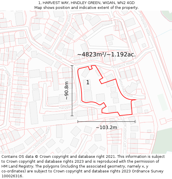 1, HARVEST WAY, HINDLEY GREEN, WIGAN, WN2 4GD: Plot and title map