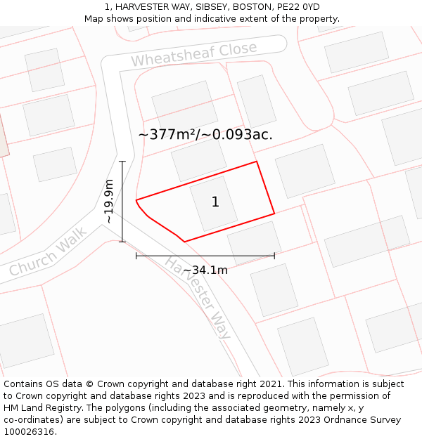 1, HARVESTER WAY, SIBSEY, BOSTON, PE22 0YD: Plot and title map