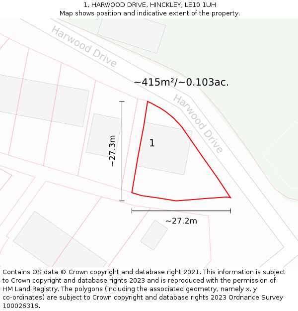 1, HARWOOD DRIVE, HINCKLEY, LE10 1UH: Plot and title map