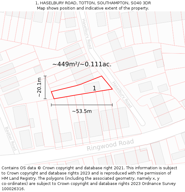 1, HASELBURY ROAD, TOTTON, SOUTHAMPTON, SO40 3DR: Plot and title map