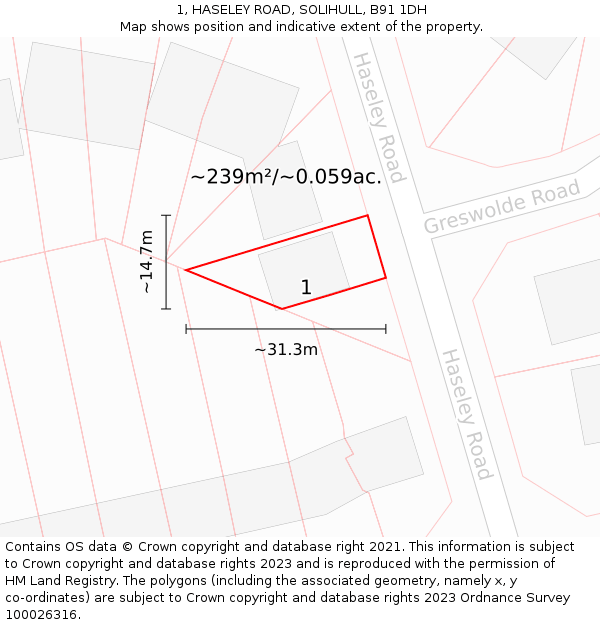 1, HASELEY ROAD, SOLIHULL, B91 1DH: Plot and title map