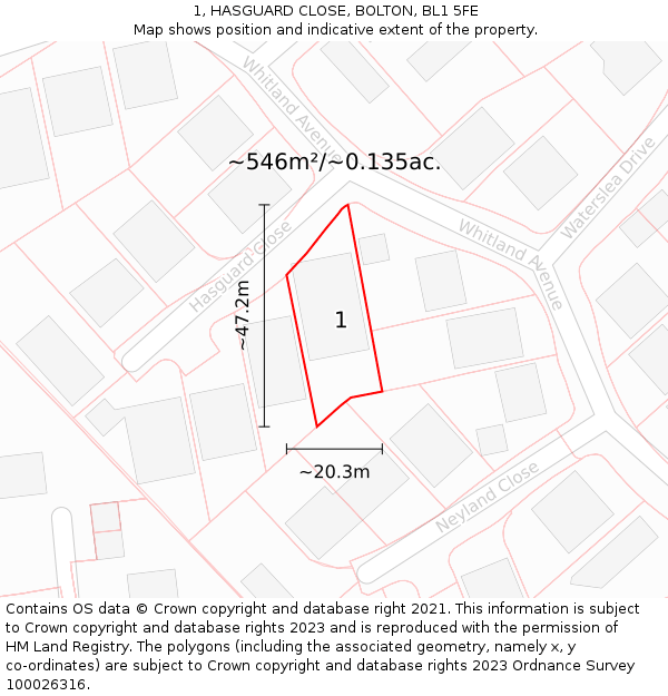 1, HASGUARD CLOSE, BOLTON, BL1 5FE: Plot and title map