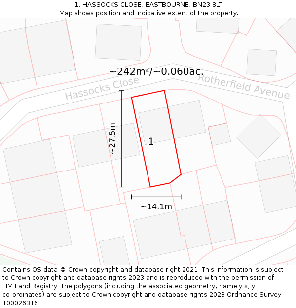 1, HASSOCKS CLOSE, EASTBOURNE, BN23 8LT: Plot and title map