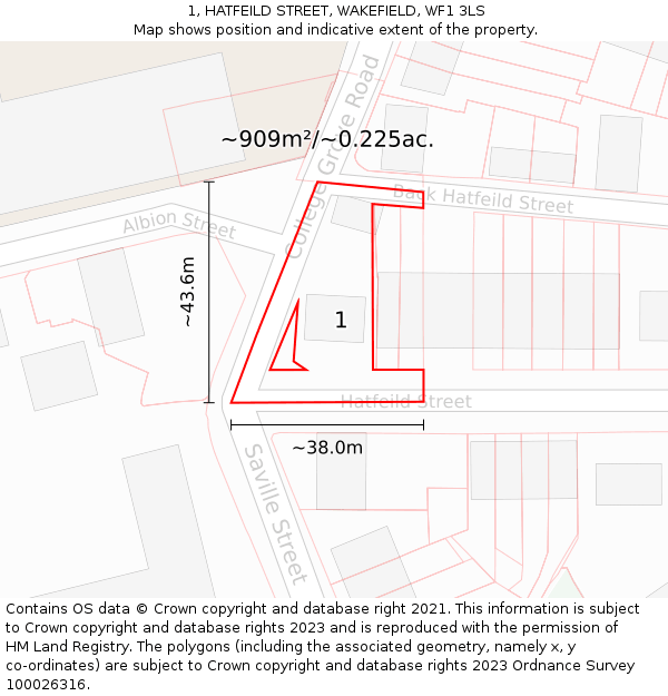 1, HATFEILD STREET, WAKEFIELD, WF1 3LS: Plot and title map