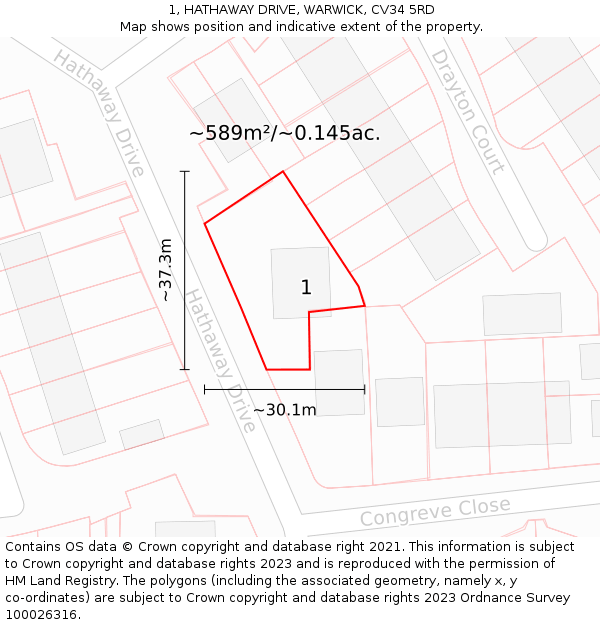 1, HATHAWAY DRIVE, WARWICK, CV34 5RD: Plot and title map