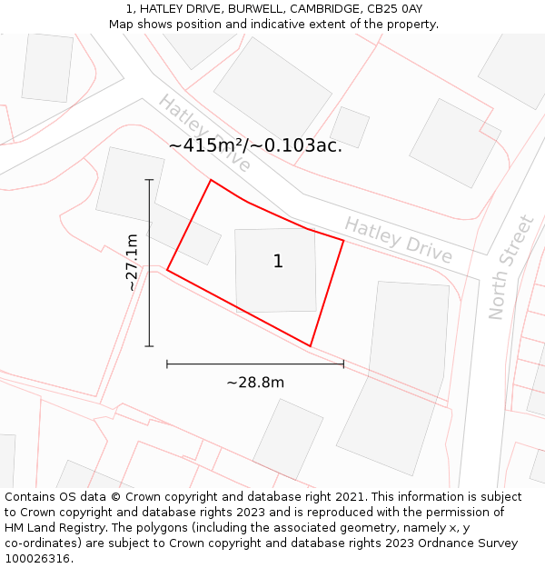 1, HATLEY DRIVE, BURWELL, CAMBRIDGE, CB25 0AY: Plot and title map