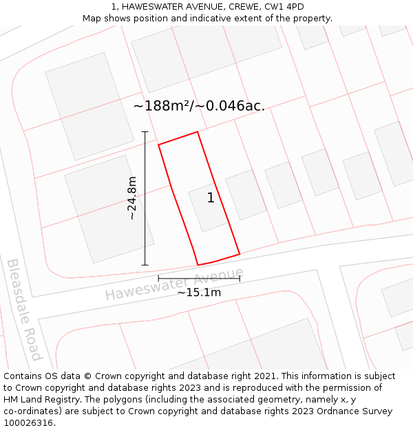 1, HAWESWATER AVENUE, CREWE, CW1 4PD: Plot and title map