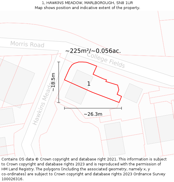 1, HAWKINS MEADOW, MARLBOROUGH, SN8 1UR: Plot and title map