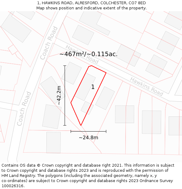 1, HAWKINS ROAD, ALRESFORD, COLCHESTER, CO7 8ED: Plot and title map