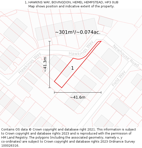 1, HAWKINS WAY, BOVINGDON, HEMEL HEMPSTEAD, HP3 0UB: Plot and title map