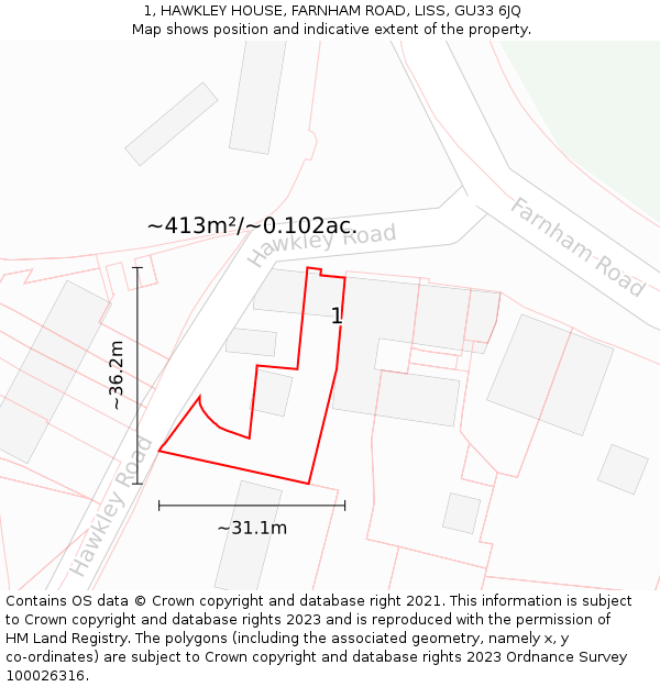 1, HAWKLEY HOUSE, FARNHAM ROAD, LISS, GU33 6JQ: Plot and title map