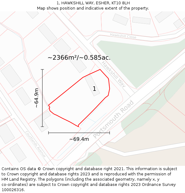 1, HAWKSHILL WAY, ESHER, KT10 8LH: Plot and title map