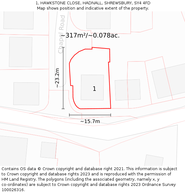 1, HAWKSTONE CLOSE, HADNALL, SHREWSBURY, SY4 4FD: Plot and title map