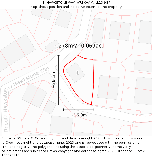 1, HAWKSTONE WAY, WREXHAM, LL13 9GP: Plot and title map