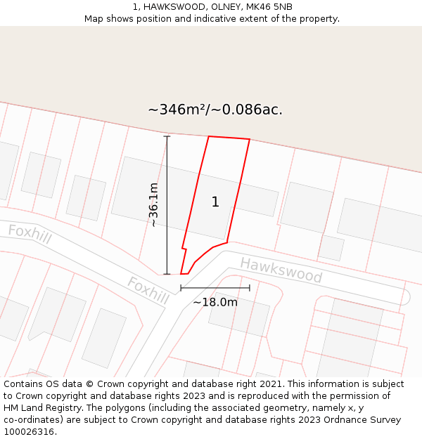 1, HAWKSWOOD, OLNEY, MK46 5NB: Plot and title map