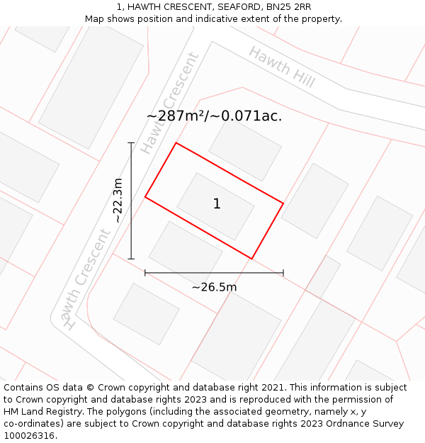 1, HAWTH CRESCENT, SEAFORD, BN25 2RR: Plot and title map