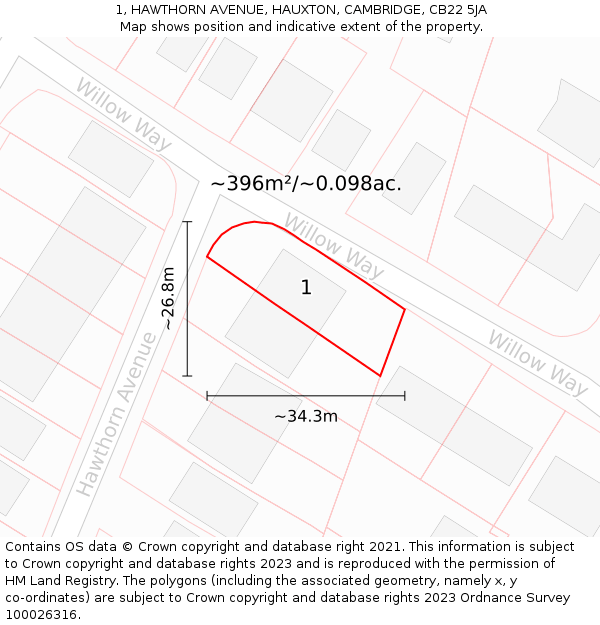 1, HAWTHORN AVENUE, HAUXTON, CAMBRIDGE, CB22 5JA: Plot and title map