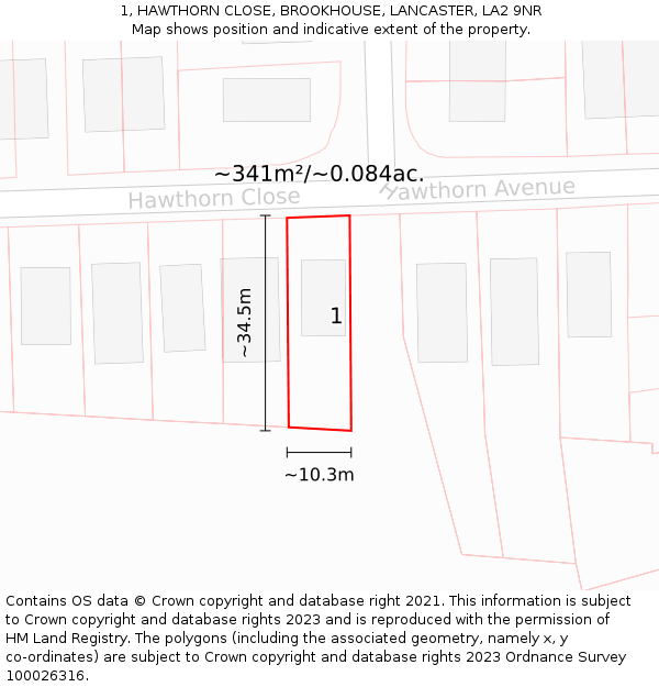 1, HAWTHORN CLOSE, BROOKHOUSE, LANCASTER, LA2 9NR: Plot and title map