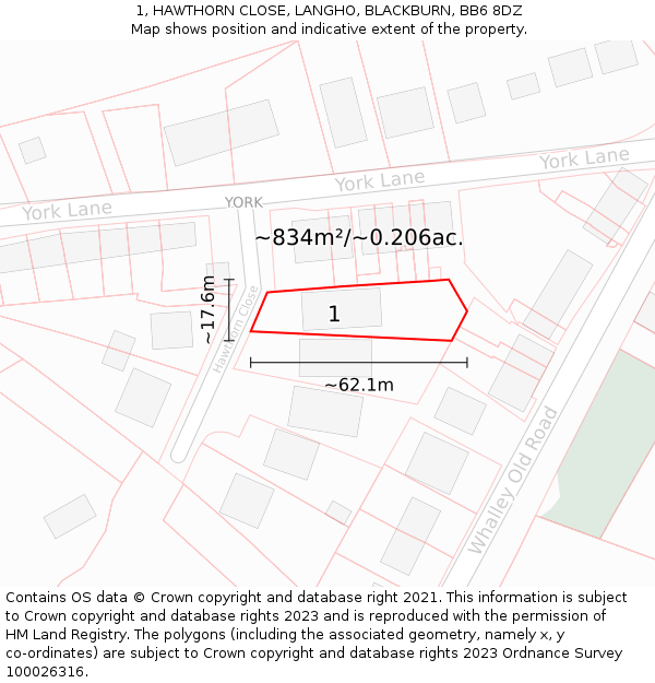 1, HAWTHORN CLOSE, LANGHO, BLACKBURN, BB6 8DZ: Plot and title map