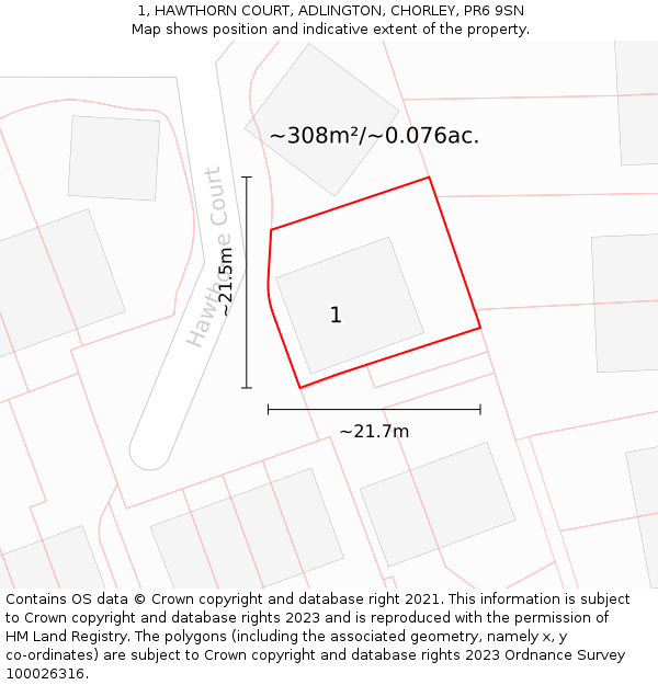 1, HAWTHORN COURT, ADLINGTON, CHORLEY, PR6 9SN: Plot and title map