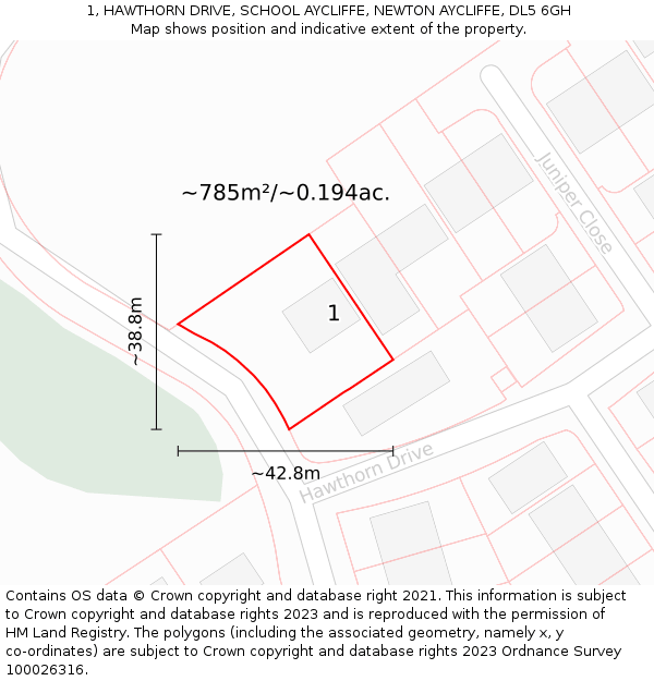 1, HAWTHORN DRIVE, SCHOOL AYCLIFFE, NEWTON AYCLIFFE, DL5 6GH: Plot and title map