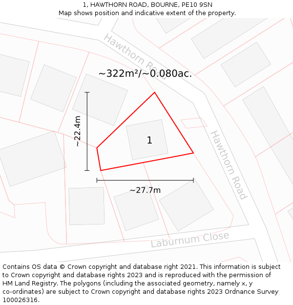 1, HAWTHORN ROAD, BOURNE, PE10 9SN: Plot and title map