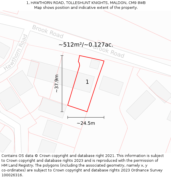 1, HAWTHORN ROAD, TOLLESHUNT KNIGHTS, MALDON, CM9 8WB: Plot and title map