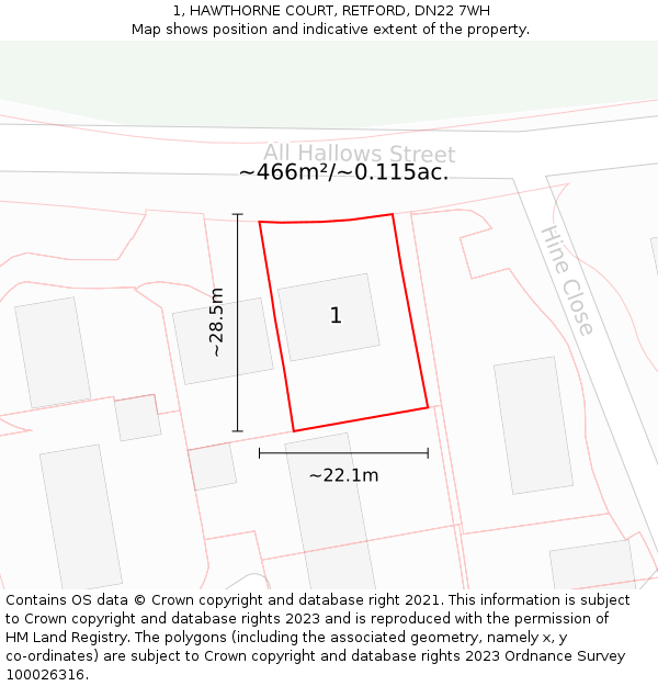 1, HAWTHORNE COURT, RETFORD, DN22 7WH: Plot and title map