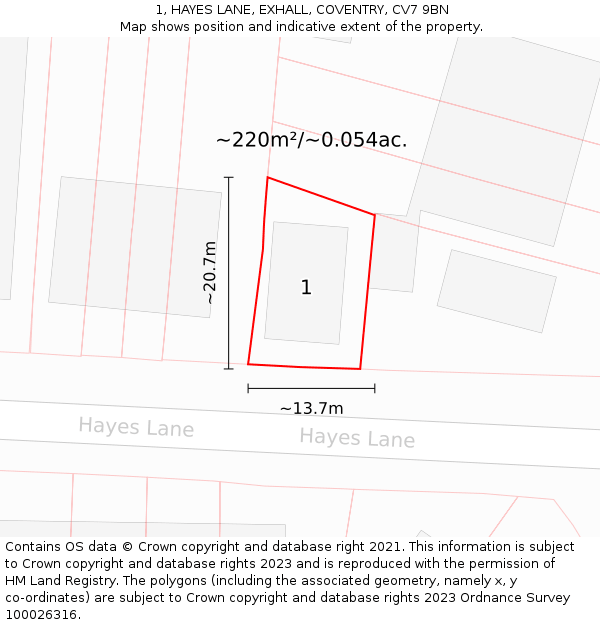 1, HAYES LANE, EXHALL, COVENTRY, CV7 9BN: Plot and title map