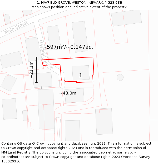 1, HAYFIELD GROVE, WESTON, NEWARK, NG23 6SB: Plot and title map