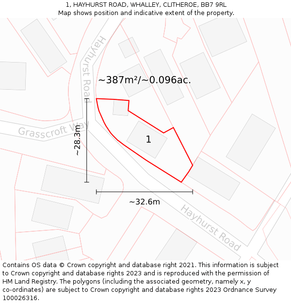 1, HAYHURST ROAD, WHALLEY, CLITHEROE, BB7 9RL: Plot and title map