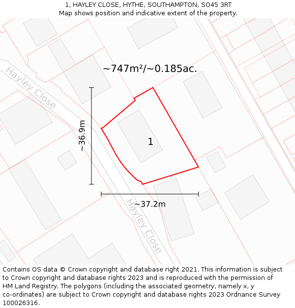 1, HAYLEY CLOSE, HYTHE, SOUTHAMPTON, SO45 3RT: Plot and title map