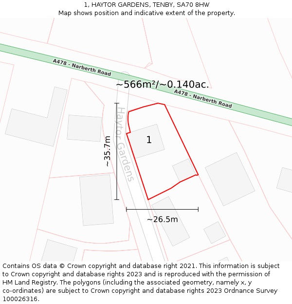 1, HAYTOR GARDENS, TENBY, SA70 8HW: Plot and title map