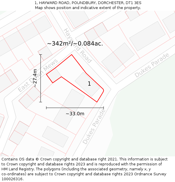 1, HAYWARD ROAD, POUNDBURY, DORCHESTER, DT1 3ES: Plot and title map