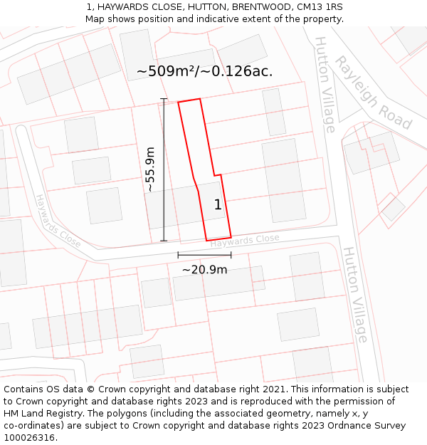 1, HAYWARDS CLOSE, HUTTON, BRENTWOOD, CM13 1RS: Plot and title map