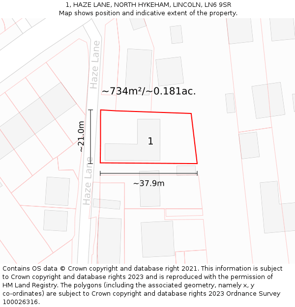 1, HAZE LANE, NORTH HYKEHAM, LINCOLN, LN6 9SR: Plot and title map