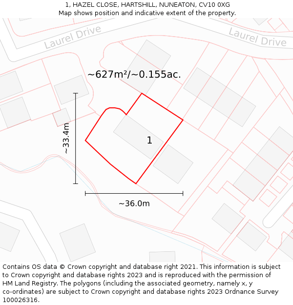 1, HAZEL CLOSE, HARTSHILL, NUNEATON, CV10 0XG: Plot and title map