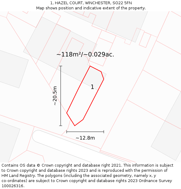 1, HAZEL COURT, WINCHESTER, SO22 5FN: Plot and title map