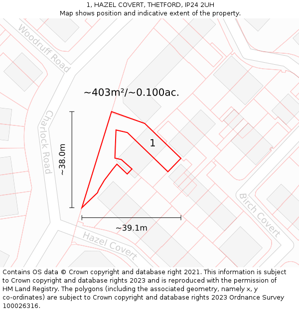 1, HAZEL COVERT, THETFORD, IP24 2UH: Plot and title map