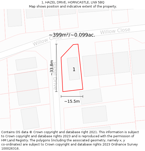 1, HAZEL DRIVE, HORNCASTLE, LN9 5BQ: Plot and title map